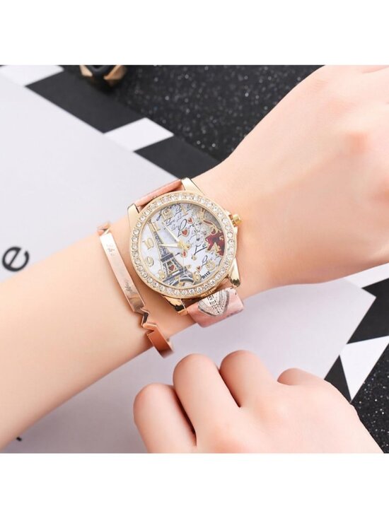 Women\'s Blue Analog Quartz Solid Pu Leather Strap Bling Rhinestone Wrist Watch main image 4